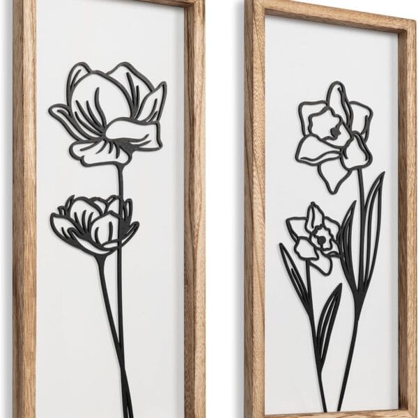 3D Black and White Wall Art (Set of 2) Lightweight, Wooden Ready-to-Hang Framed Floral Wall Art for Bathroom, Bedroom, Living Room or Office Boho Botanical Farmhouse Decor Gift-Boxed