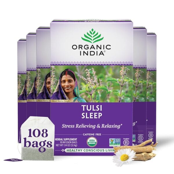ORGANIC INDIA Tulsi Sleep Herbal Tea - Holy Basil, Ashwagandha, Chamomile, Night Time Tea for Bedtime, Stress Relieving & Relaxing, Immune Support, USDA Certified Organic - 18 Infusion Bags, 6 Pack
