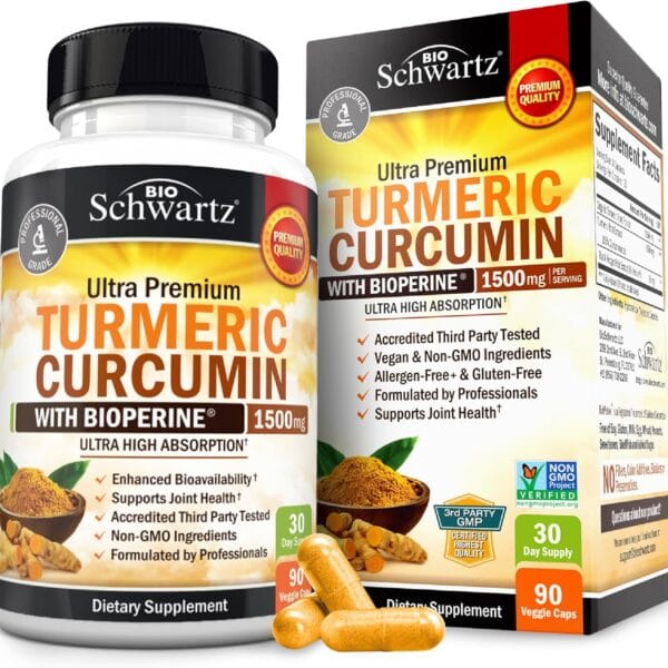 Turmeric Curcumin with Black Pepper Extract 1500mg - High Absorption Ultra Potent Turmeric Supplement with 95% Curcuminoids and BioPerine - Non GMO Tumeric Capsules for Joint Support - 90 Capsules