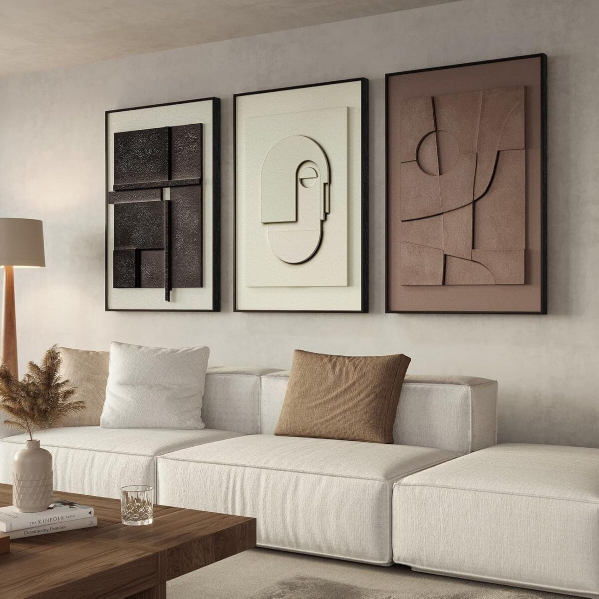 Large 3D Textured Framed Abstract Wall Art for Living Room, 3 Piece Modern Paintings Artwork for Walls, Black White Brown Geometric Sandstone Texture Pictures for Hallway Office Wall Decor 24x36 In