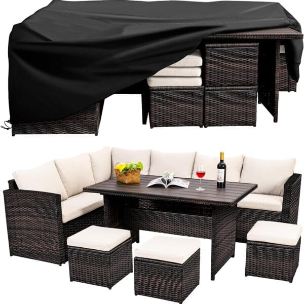 Patio Furniture Set, 7 Pieces Outdoor Patio Furniture with Dining Table&Chair, All Weather Wicker Conversation Set with Ottoman,Brown Rattan & Ivory Cushions (Include Sofa Dust Cover)