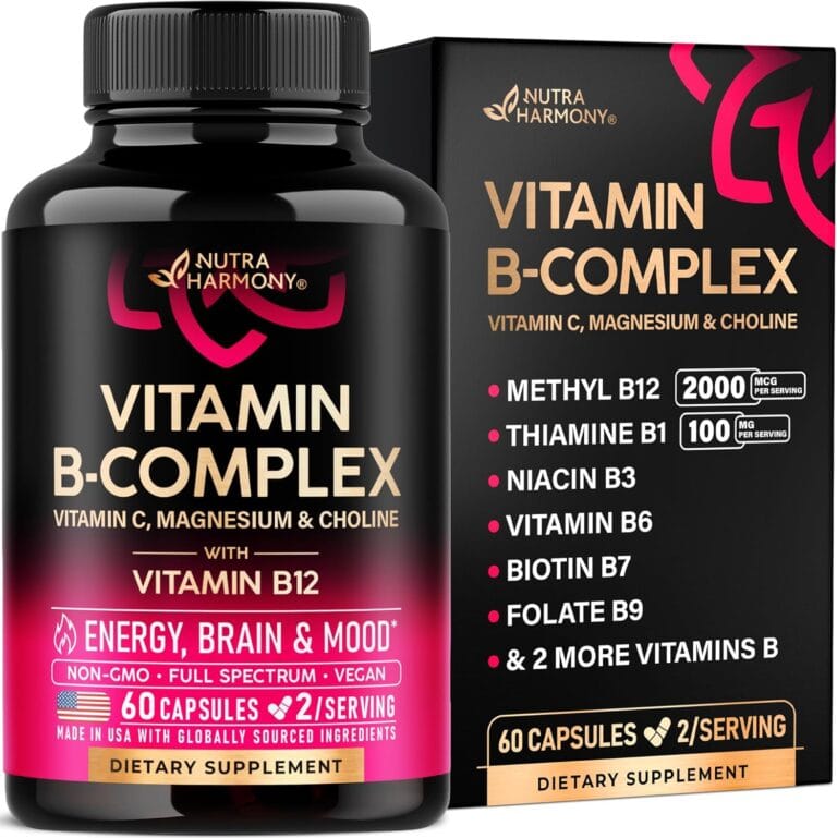 Vitamin B Complex for Men & Women - Made in USA - B-Complex: B1, B2, B3, B5, B6, B7, B8, B9, B12 with Vitamin C, Choline, Inositol - Energy, Brain & Heart Support Supplement, 60 Vegan Capsules