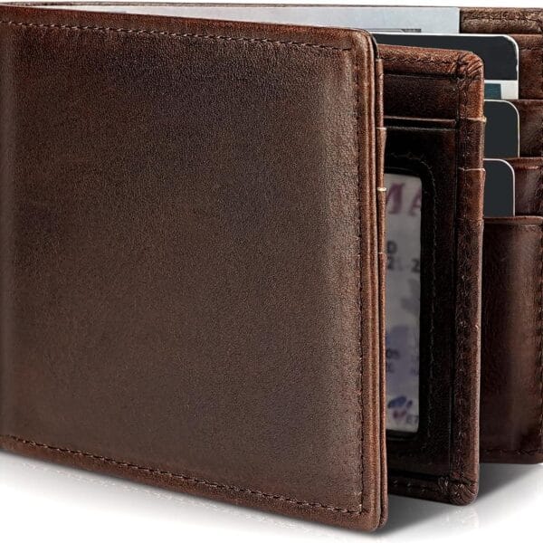 Mens Wallet Genuine Leather Bifold RFID Blocking Wallet for Men with 1 ID Window 13 Card Holders 2 cash pockets 1 Gift Box