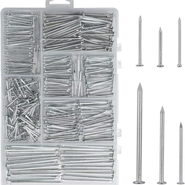 376pcs Premium Hardware Nails Assortment Kit, Maximum Length 2 Inches Galvanized, Picture Hanging, Wood, Wall With Storage Box | 6 Sizes