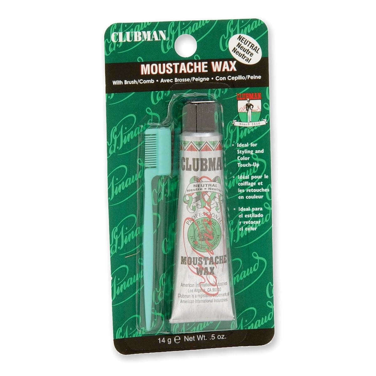 Clubman Moustache Wax  Mustache Wax for Men Strong Hold, Neutral Color, Includes Styling Brush, Hang Pack, 0.5 oz
