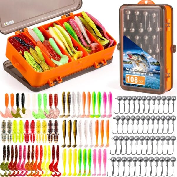 PLUSINNO Fishing Lures, 108PCS Tackle Box with Tackle Included Paddle Tail Swimbaits, Soft Worm Grubs, Crappie Jigs Heads, Fishing Gear Bait Lure Kit Gifts for Men Trout Bass Freshwater