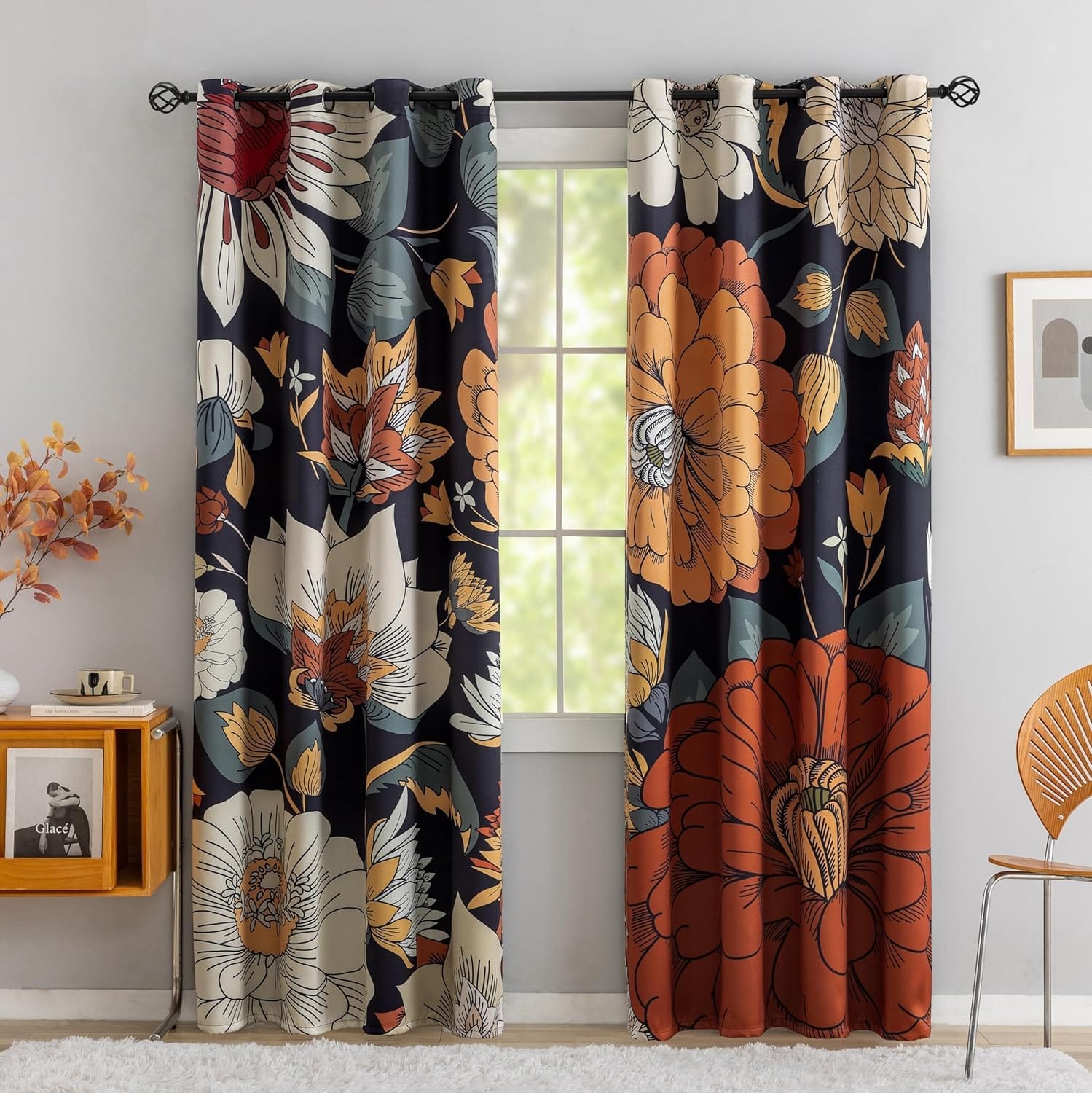 Black Boho Floral 100% Blackout Curtains For Bedroom 84 Inch Long 2 Panels Mid Century Botanical Black Out Curtains For Living Room Grommet Thermal Insulated Room Darkening Window Drapes,52Wx84L Black Boho Floral 100% Blackout Curtains for Bedroom 84 inch Long 2 Panels Mid Century Botanical Black Out Curtains for Living Room Grommet Thermal Insulated Room Darkening Window Drapes,52Wx84L