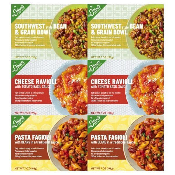 Miss Olives Vegetarian Pack Microwavable Ready Meals (Bundle of 6: 2 each item Cheese Ravioli, Southwest Bean & Grain, and Pasta Faggioli)