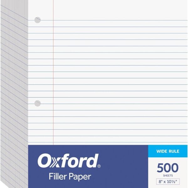 Oxford Filler Paper, 8 x 10-1/2 Inch Wide Ruled Paper, 3 Hole Punch, Loose Leaf Notebook Paper for 3 Ring Binders, 500 sheets (62330), white