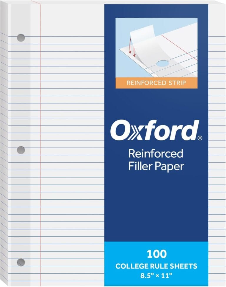 Oxford Reinforced Filler Paper, 8.5 x 11 Inch, College Rule, 3 Hole Punched, Lined Loose Leaf Paper for Ring Binders, 100 Sheets, White (1002097)