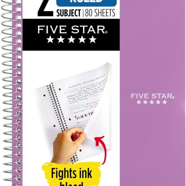 Five Star Spiral Notebook, 2 Subject, College Ruled Paper, 6" x 9-1/2", 80 Sheets, Fights Ink Bleed, Water Resistant Cover, Amethyst Purple (840029CF1-ECM)