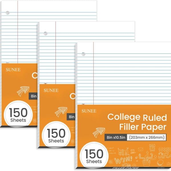 SUNEE Loose Leaf Paper, 450 Sheets, 3 Pack College Ruled Paper, 8 x 10-1/2 Inch Filler Paper, 3 Hole Punch Binder Paper, Loose Leaf Notebook Paper, 150 Sheets/Pack