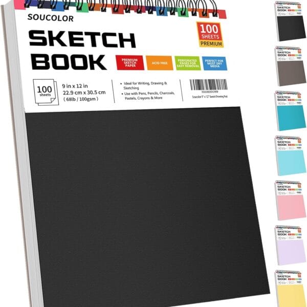 Soucolor 9" x 12" Sketch Book, 1-Pack 100 Sheets Spiral Bound Art Sketchbook, (68lb/100gsm) Acid Free Artist Drawing Book Paper Painting Drawing Writing Sketching Pad for Kids Adult Teens Girls Boys