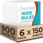 Loose Leaf Paper, 900 Sheets, 6 Pack, Wide Ruled, 8" x 10.5", 56 gsm Bulk Office Filler Sheets, 3 Hole Punched, 150 Sheets/Pack, Wide Ruled for 3 Ring Binder, Notebook Paper, White