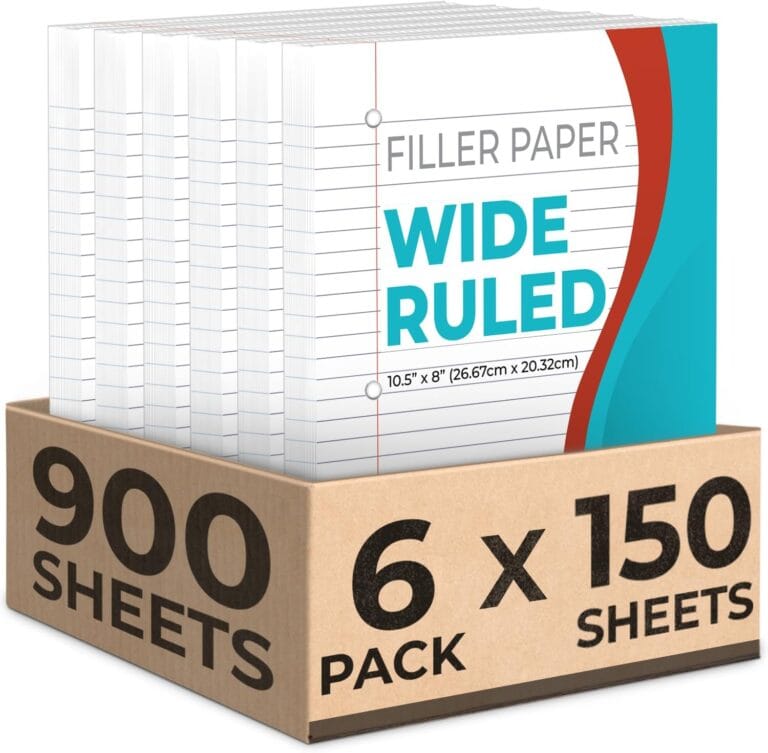 Loose Leaf Paper, 900 Sheets, 6 Pack, Wide Ruled, 8" x 10.5", 56 gsm Bulk Office Filler Sheets, 3 Hole Punched, 150 Sheets/Pack, Wide Ruled for 3 Ring Binder, Notebook Paper, White