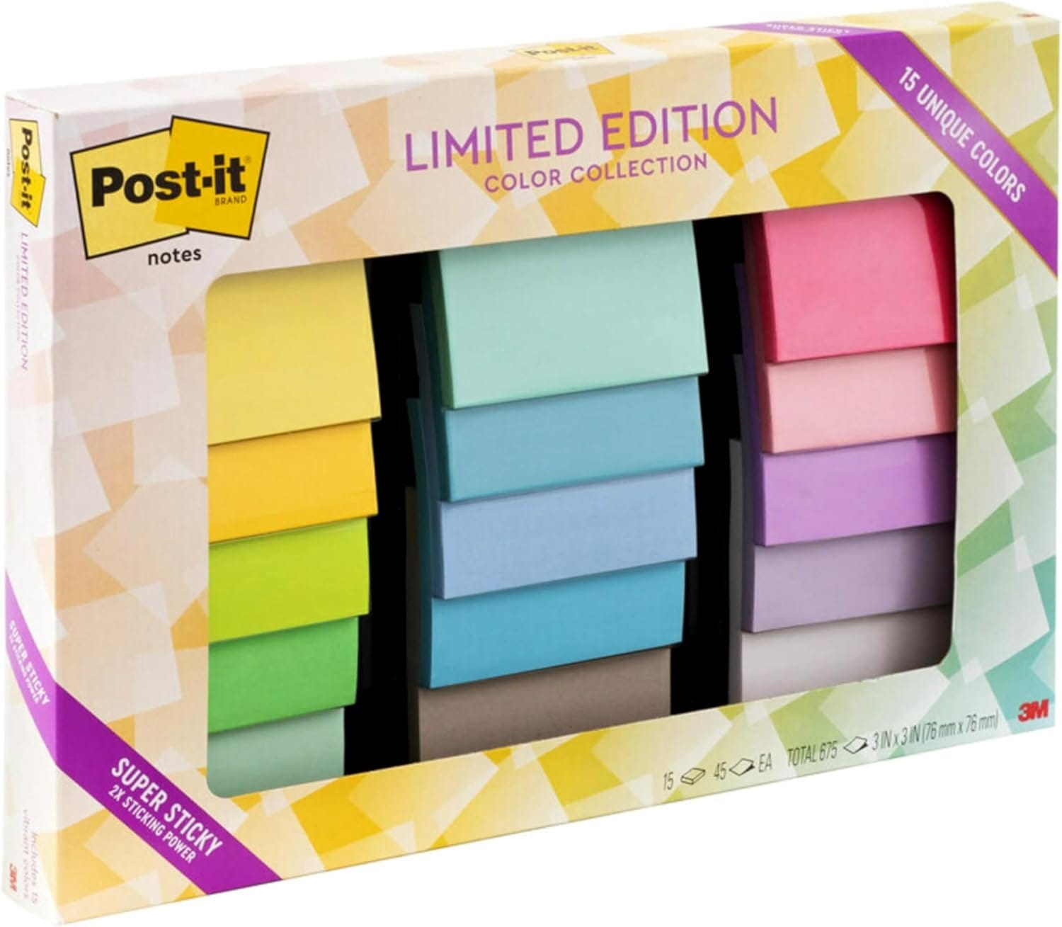 Post It Super Sticky Notes, Limited Edition Color Collection, 3x3 In, 15 Pads/Pack, 45 Sheets/Pad Post-it Super Sticky Notes, Limited Edition Color Collection, 3x3 in, 15 Pads/Pack, 45 Sheets/Pad