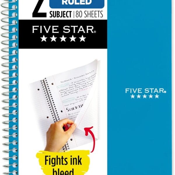 Five Star Spiral Notebook, 2 Subject, College Ruled Paper, 6" x 9-1/2", 80 Sheets, Fights Ink Bleed, Water Resistant Cover, Tidewater Blue (840029CG1-ECM)