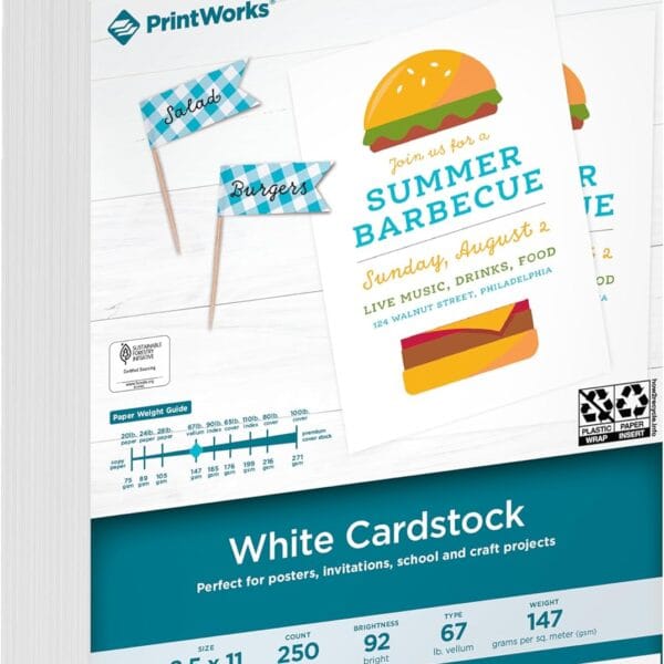 PrintWorks White Cardstock 8.5" x 11" - 67 lb/147 gsm Vellum Bristol - 250 Sheets - Made in the USA - SFI Certified - 92 Bright - Card Stock Printer Paper for School, Craft, & Office Use (00564)