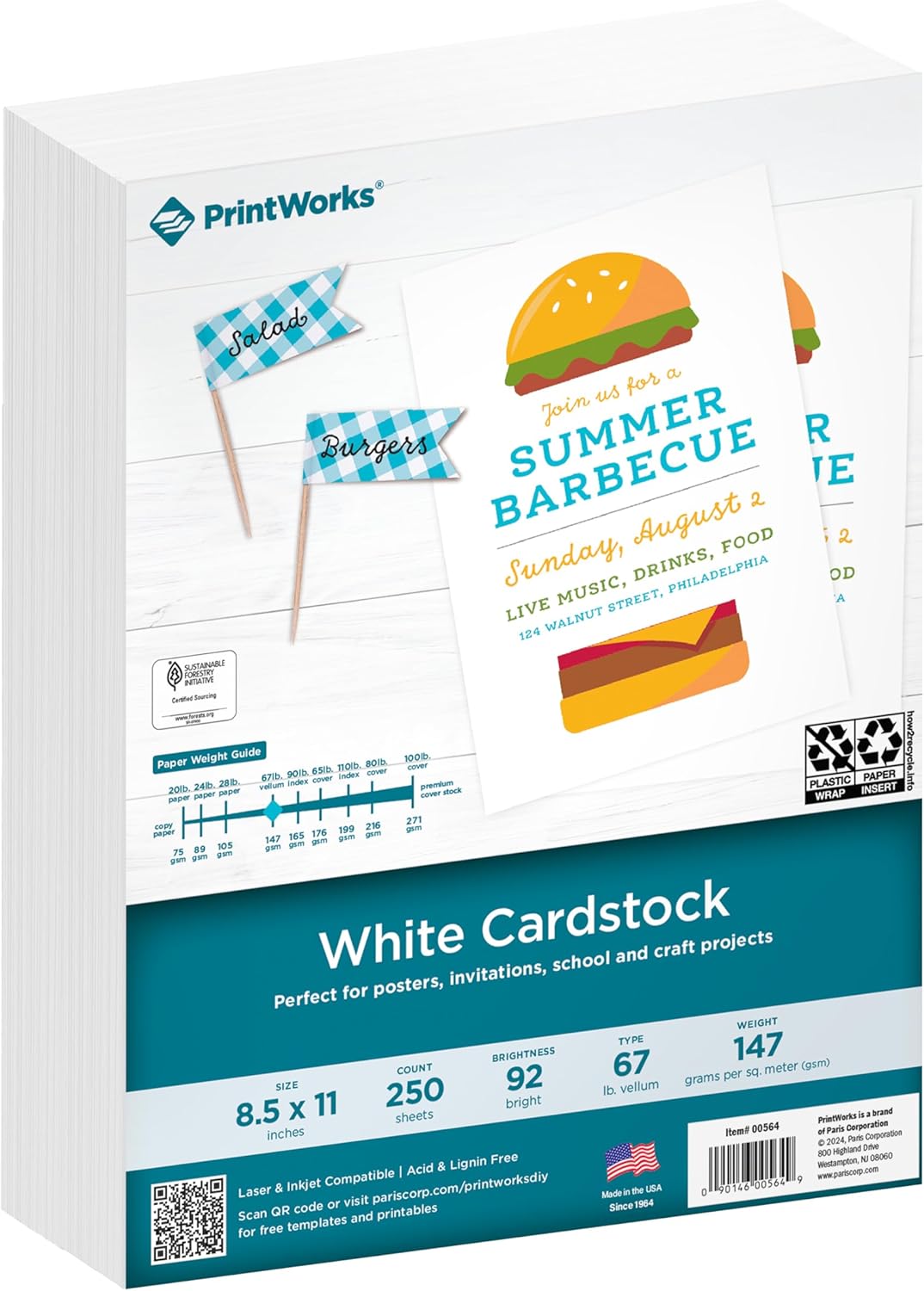 PrintWorks White Cardstock 8.5" X 11" 67 Lb/147 Gsm Vellum Bristol 250 Sheets Made In The USA SFI Certified 92 Bright Card Stock Printer Paper For School, Craft, & Office Use (00564) PrintWorks White Cardstock 8.5" x 11" - 67 lb/147 gsm Vellum Bristol - 250 Sheets - Made in the USA - SFI Certified - 92 Bright - Card Stock Printer Paper for School, Craft, & Office Use (00564)