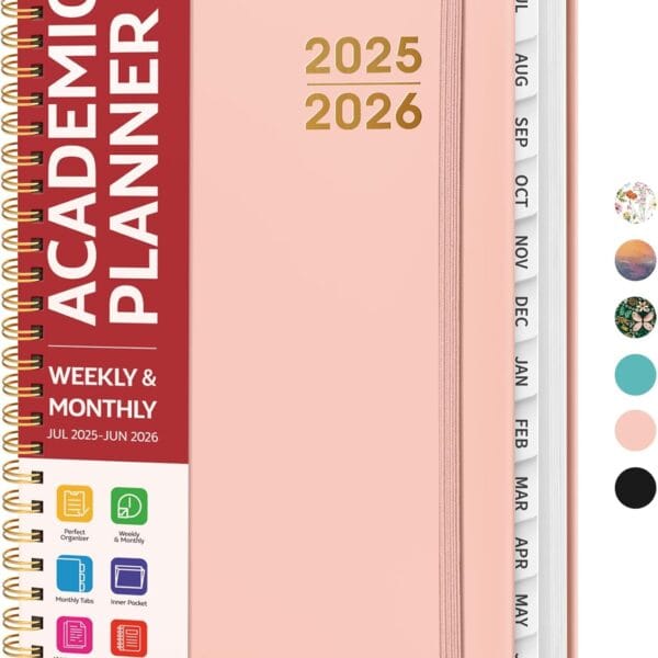 Academic Planner 2025-2026 For Women & Men, Monthly and Weekly Calendar Planner, Jul 2025 - Jun 2026, A5 (6.3" x 8.5"), Teacher Student Planning Book with Tabs, Ideal for Office School Supplies - Pink