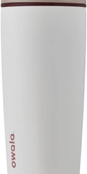 Owala SmoothSip Slider Insulated Stainless Steel Coffee Tumbler, Reusable Iced Coffee Cup, Hot Coffee Travel Mug, BPA Free 20 oz, Tan/White (Vanilla Bean)