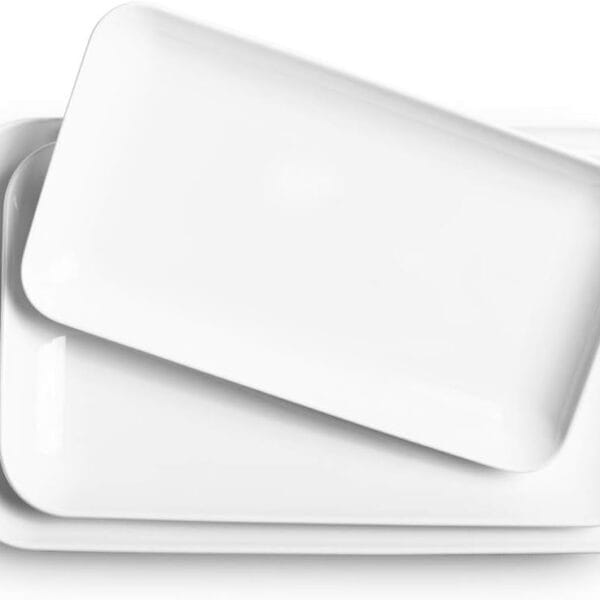 DELLING Large Serving Platter Set 16/14/12inch Large Serving Tray - Rectangular White Serving Trays for Party, Sushi, Oven Safe Dinnerware Set of 3, White