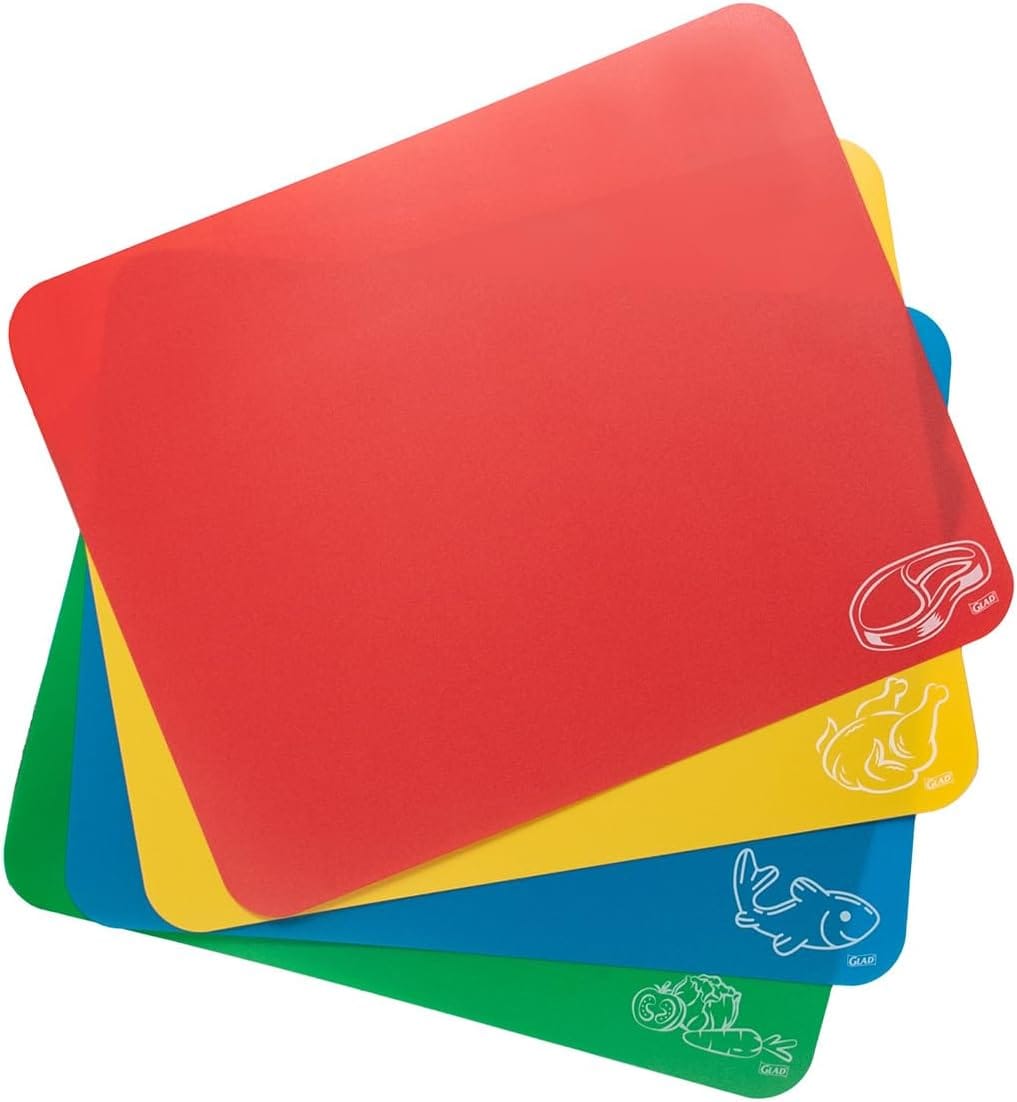Glad Flexible Cutting Board Set Colored Thin Plastic Mats For Kitchen With Food Icons BPA Free And Non Porous For Cooking And Chopping, 12x15 Inches Glad Flexible Cutting Board Set - Colored Thin Plastic Mats for Kitchen with Food Icons - BPA-Free and Non-Porous for Cooking and Chopping, 12x15 inches