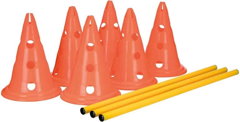TRIXIE Dog Agility Hurdle Cone Set  Dog Agility Set with Height Adjustable Crossbar for Beginners & Advanced, Dog Agility Equipment for Dog Obstacle Courses  6 x Cones, 3 x Agility Rods