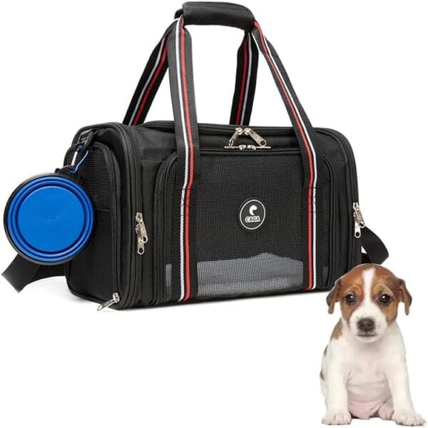 CAGA Soft-Sided Pet Carrier - Ventilated Foldable & Collapsible Under Seat Travel Kennel with Pockets for Small to Medium Dogs & Cats up to 15 lbs (Black)