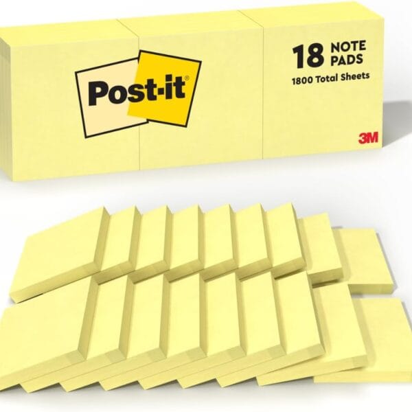 Post-it Notes, 3 in x 3 in, 18 Sticky Notes Pads, 100 Sheets per Pad, The Iconic Canary Yellow Note, School Supplies and Oce Products