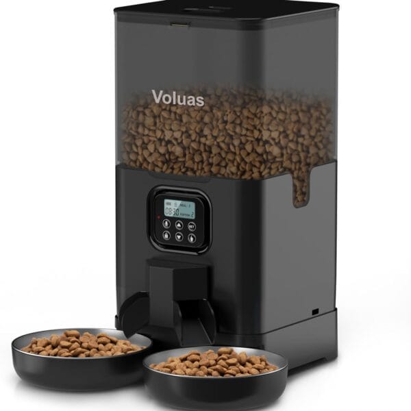 Voluas Automatic Cat Feeder for Two Cats, Double Pet Feeder with 2 Stainless Steel Bowls,6L Timed Cat Feeders with Memory Function