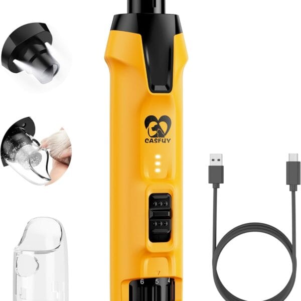 Casfuy 6-Speed Dog Nail Grinder  50%+ Boost Power Dog Nail Trimmers Quiet with Dust Cap & 2 LED Lights & 2000mAh Battery & 4.8V Motor Electric Pet Toenail File Tool for Large Medium Small Dogs Cats