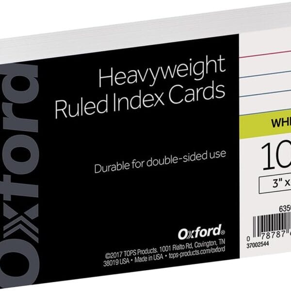 Oxford Heavyweight Ruled Index Cards, 3" x 5", White, 100 Per Pack (63500)