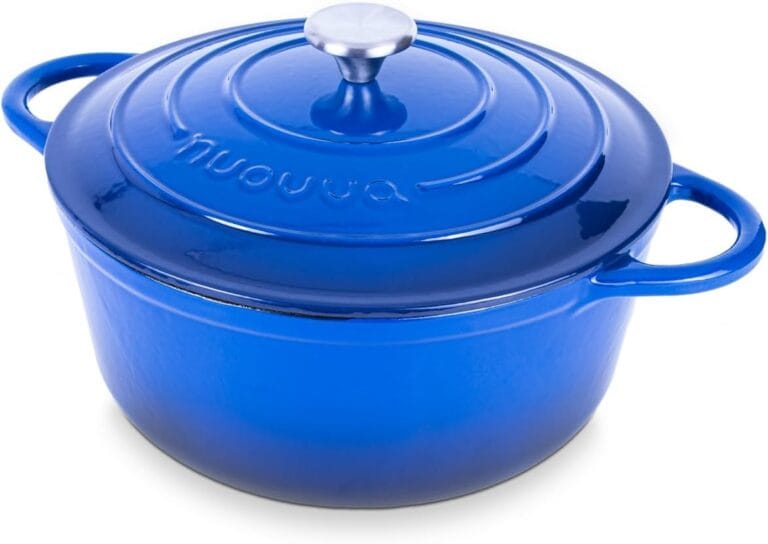 Nuovva Enamelled Cast Iron Dutch Oven Pot with Lid  6.4 Quart Non Stick Casserole Pot  Heavy Duty & Oven Safe up to 500 F for Bread Baking, Braising, Stews, Roasting  28cm Dark Blue