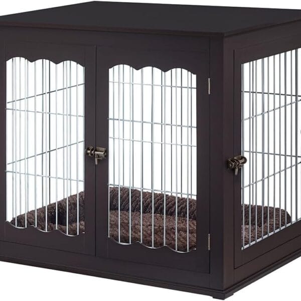 unipaws 36 Inch Furniture Style Dog Crate End Table with Cushion, Wooden Wire Pet Kennels with Double Doors, Large Dog House Indoor Use