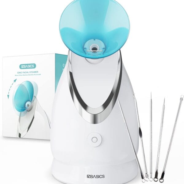EZBASICS Facial Steamer Ionic Face Steamer for Home Facial, Warm Mist Humidifier Atomizer for Face Sauna Spa Sinuses Moisturizing, Unclogs Pores, 1 Pack + 5 Stainless Steel Skin Kit Blue