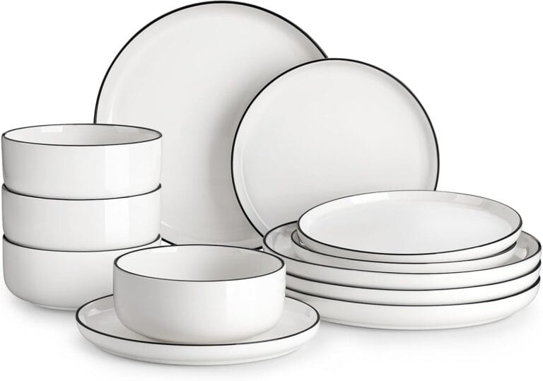 MALACASA Plates and Bowls Sets, 12 Pieces Modern Porcelain Dinnerware Set for 4 White Kitchen Dinner Dining Ware Set wtih Black Rim Ceramic Dishware Dishes Microwave and Dishwasher Safe, Series LUNA