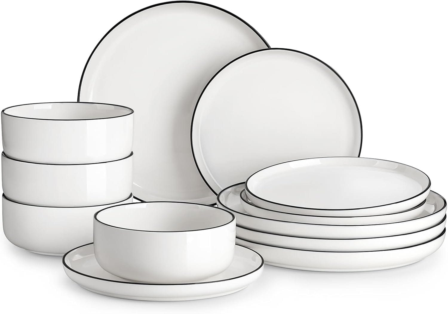 MALACASA Plates And Bowls Sets, 12 Pieces Modern Porcelain Dinnerware Set For 4 White Kitchen Dinner Dining Ware Set Wtih Black Rim Ceramic Dishware Dishes Microwave And Dishwasher Safe, Series LUNA MALACASA Plates and Bowls Sets, 12 Pieces Modern Porcelain Dinnerware Set for 4 White Kitchen Dinner Dining Ware Set wtih Black Rim Ceramic Dishware Dishes Microwave and Dishwasher Safe, Series LUNA