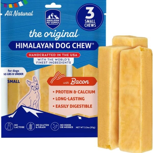 Himalayan Chew Original Yak Cheese Chew, Bacon, 3 Small Sticks, 1.1 oz, Gluten Free, Healthy Treats, Grain & Lactose Free 100% Natural, Long Lasting Chews for s Under 15 lbs