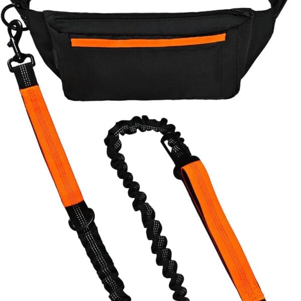 Amazon Basics Hands Free Dog Leash with Running Bag, Adjustable Waist Belt, Dual Padded Handles, Reflective Bungee Leash for Walking, Jogging, Hiking, Fits Small to Large Dogs (Up to 150 lbs)