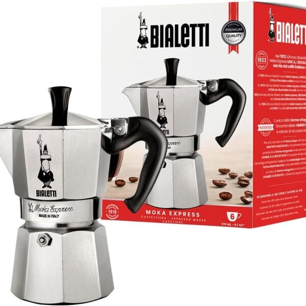 Bialetti Moka Express Iconic Italian Stovetop Espresso Maker 6 Cups, Aluminium, Silver