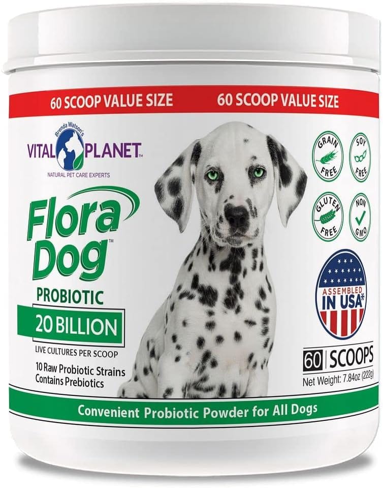 Vital Planet - Flora Dog Probiotic Powder Supplement with 20 Billion Cultures and 10 Strains, High Potency Immune and Digestive Support Probiotics for Dogs, 7.84 oz., 222 Grams, 60 Servings