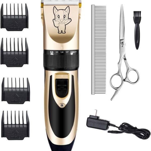 Dog Grooming Kit Clippers, Low Noise, Electric Quiet, Rechargeable, Cordless, Pet Hair Thick Coats Clippers Trimmers Set, Suitable for Dogs, Cats, and Other Pets (Gold)