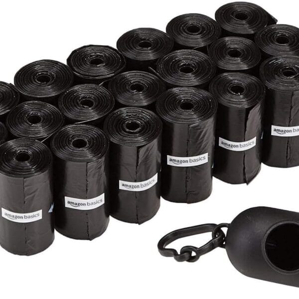 Amazon Basics Dog Poop Bags with Dispenser, 300 Count, Enhanced for Guaranteed Leakproof, Unscented, Includes Leash Clip