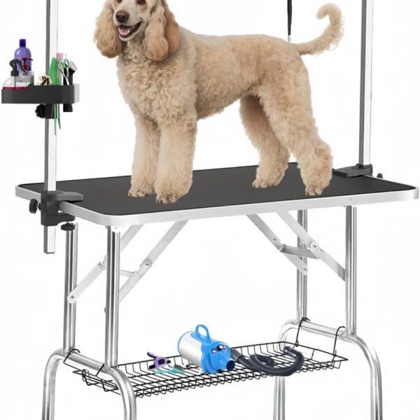 36" Large Dog Grooming Table, Non-Slip Tabletop with Adjustable Armrests, Lasso, Tool Organizer, Grid Tray, Foldable Home Pet Station, Maximum Weight Capacity 330 Ibs,Black