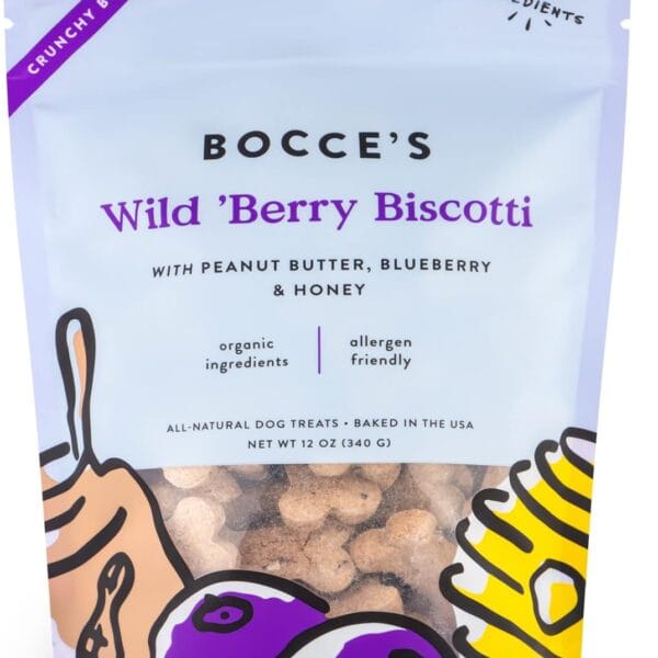 Bocce's Bakery All-Natural, Small Batch, Organic Dog Treats, Wild 'Berry Biscotti Biscuits, Wheat-Free, Limited-Ingredient, Made in The USA with 100% Recyclable Packaging, 12 oz Bag