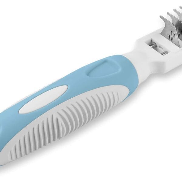 Pets First Professional Pet Mat Remover - Dematting Tool for Grooming Cats & Dogs - Removes Matted Fur, Tangles, Knots, Loose Hair & Dirt - Stainless Steel, Gentle Teeth, Soft Comfort Grip Handle,Blue