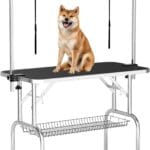 46'' Dog Grooming Table for Large Dogs, Foldable Professional Grooming Table for Dogs at Home with Double Loops/Mesh Tray/Adjustable Arm, Capacity up to 330lbs, Black