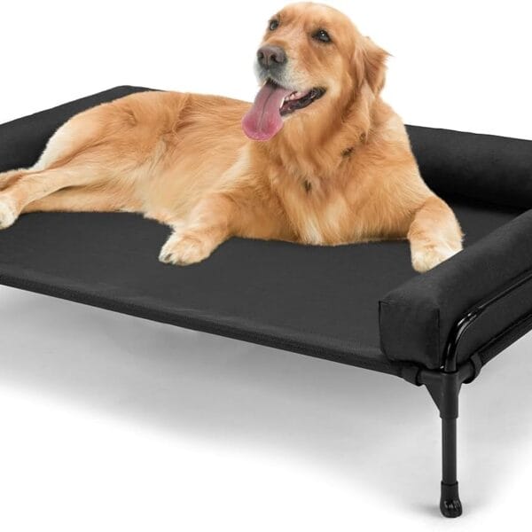 Veehoo Elevated Raised Dog Bed-Cooling Outdoor Dog Cot Bed for Large Sized Dogs Three-Sided Fence Raised Pet Cot with Mesh & No-Slip Feet Dog Hammock Bed with Removable Bolster-41 x 27" Black