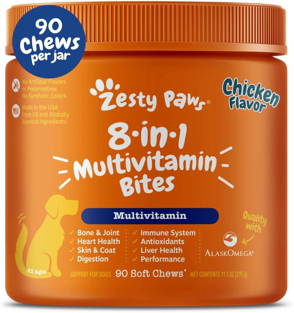 Zesty Paws Dog Multivitamin, Chewable Dog Vitamins And Supplements For Hip & Joints, Skin & Coat, Omega 3 Fish Oil For Dogs Senior & Puppy Multivitamin Chicken 90ct Zesty Paws Dog Multivitamin, Chewable Dog Vitamins and Supplements for Hip & Joints, Skin & Coat, Omega 3 Fish Oil for Dogs- Senior & Puppy Multivitamin- Chicken- 90ct
